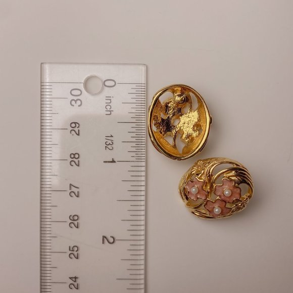 Vintage Avon Springtime Floral Pink Flower Gold Dome Oval Art Nouveau Earrings - Picture 8 of 8